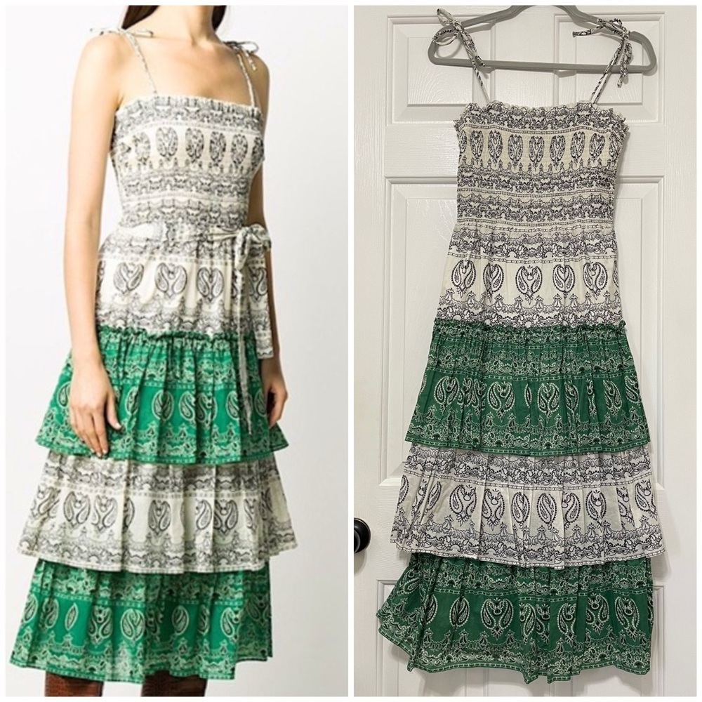Tory Burch Paisley ruffle tiered smocked adjustable spaghetti strap dress M